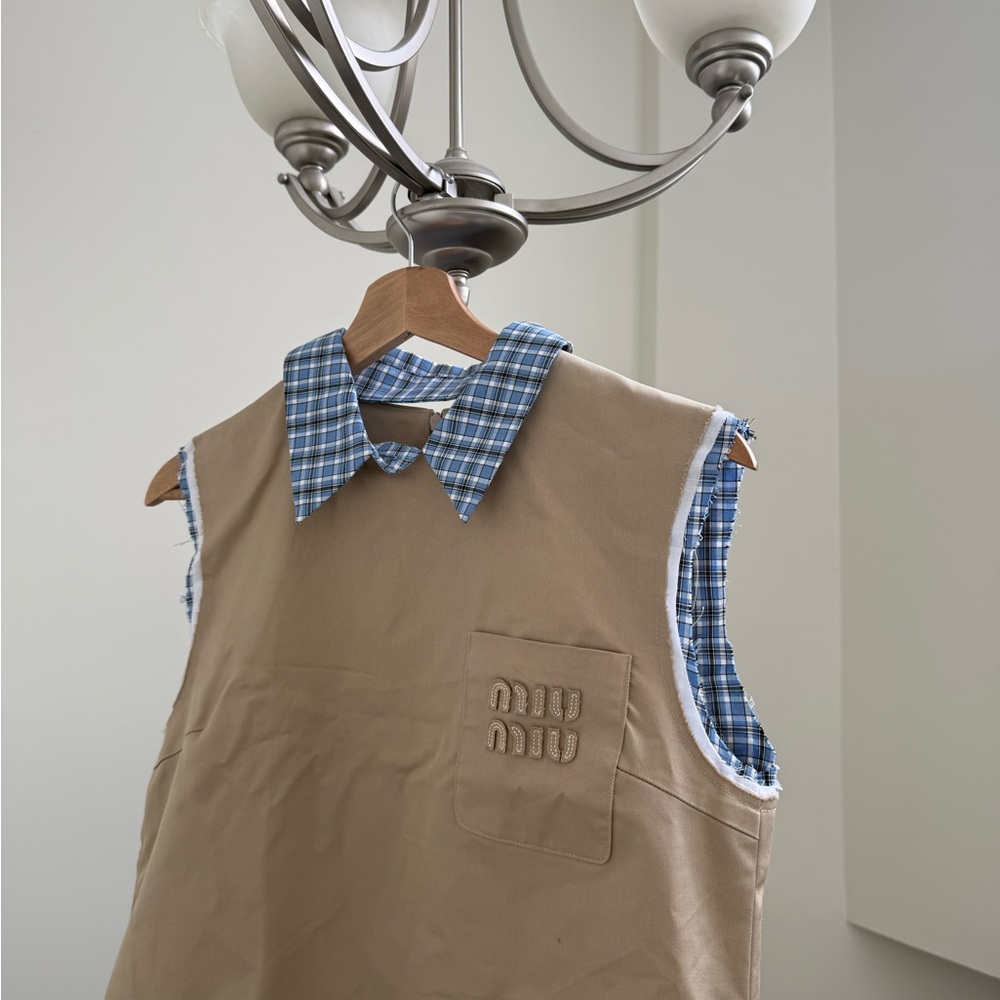 Miu Miu Tan Midi Dress with Blue Plaid Collar